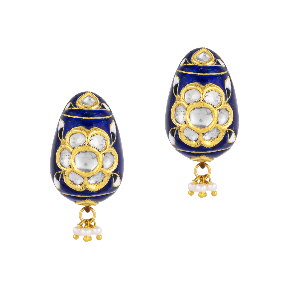 Blue Enamel Hasli Necklace Set with Polki Floral Motifs & Pearls